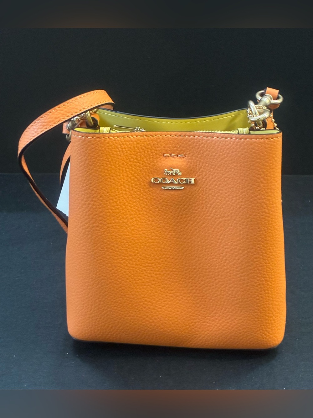 Coach Orange Mini Town Bucket Pebbled Leather C7266 Crossbody with Gold Hardware